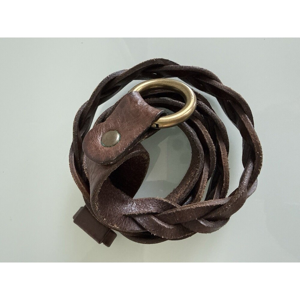 Brown Genuine Leather Braided Belt Brass Tone O Ring Boho Western Hippie